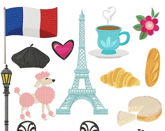 May include: A set of French-themed embroidery designs featuring a pink poodle, a Parisian cafe table and chairs, a bicycle, a croissant, a baguette, a heart, a cup of coffee, a flower, a beret, a street lamp, and the Eiffel Tower.