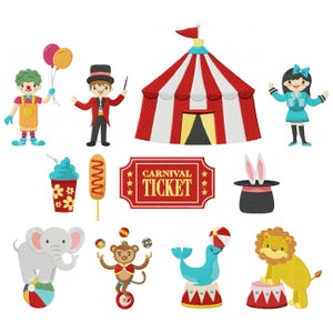 Op de afbeelding: Een set van 12 kleurrijke cartoonafbeeldingen met een circus thema. De afbeeldingen omvatten een clown, een goochelaar, een circustent, een ticket, een konijn in een hoed, een olifant, een aap die met ballen goochelt, een zeehond die een bal balanceert, een leeuw, een hotdog, een drankje en ballonnen.