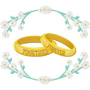 May include: Two gold wedding bands intertwined with the words "Together" and "Forever" inscribed on them. The bands are surrounded by a wreath of white flowers with green stems.