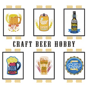 Puede incluir: Seis parches bordados coloridos con diseños de temática cervecera. Los parches incluyen una jarra de cerveza, una lata de cerveza, una botella de cerveza, un vaso de cerveza y una tapa de botella de cerveza. El texto en los parches incluye "Beer Me Up", "Best Beer Is An Open One", "Good People Drink Good Beer", "More Beer Please", "Life's Too Short For Bad Beer", and "Original Craft Beer Recipe".