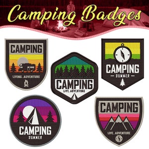 May include: Five embroidered patches with a camping theme. The patches are black with white, yellow, red, and green accents. The patches feature a camper, trees, mountains, a compass, and the word "Camping".