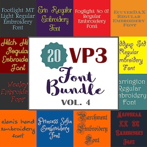 Könnte beinhalten: Eine Collage aus 20 Stickfonts in verschiedenen Farben und Stilen. Die Schriften sind in einem Raster angeordnet und mit ihren Namen beschriftet. Der Text "20 VP3 Font Bundle Vol. 4" wird in der Mitte des Bildes angezeigt.