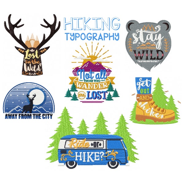 Hiking Collection of 6 Machine Embroidery Designs in Stitched - Five Sizes: 3.5 to 5.5 inch - Instant Download!