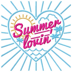 May include: Embroidered design featuring the words "Summer lovin'" in pink script within a blue heart-shaped frame. The design includes a yellow sun, blue palm trees, and ocean waves, with blue rays emanating from the heart.