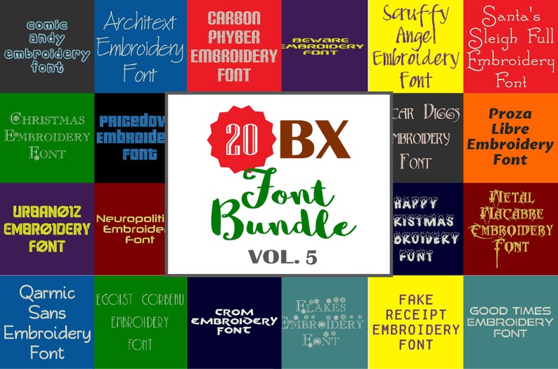 Machine Embroidery Fonts 20 BX Font Bundle Volume 5 Etsy