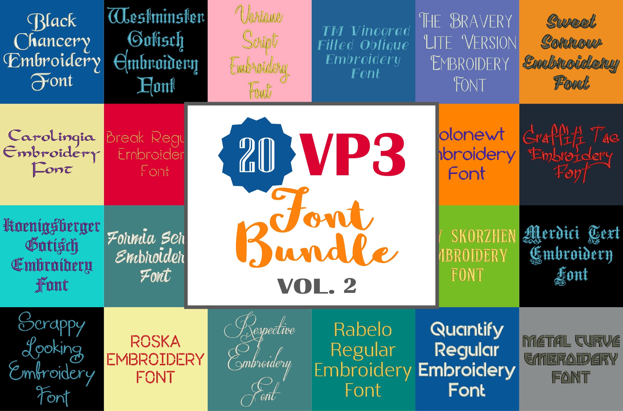 Machine embroidery fonts 20 vp3 font bundle volume 2 20  etsy Machine embroidery fonts 20 vp3 font bundle volume 2 20  etsy