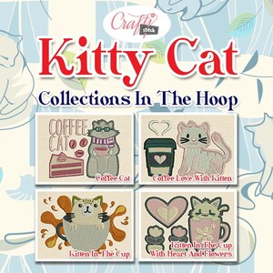 以下が含まれることがあります： コーヒーカップを持ったかわいい猫をモチーフにした刺繍デザインが4つ。デザイン名は「コーヒーキャット」、「コーヒーラブウィズキトゥン」、「キトゥンインザカップ」、「キトゥンインザカップウィズハートアンドフラワーズ」。