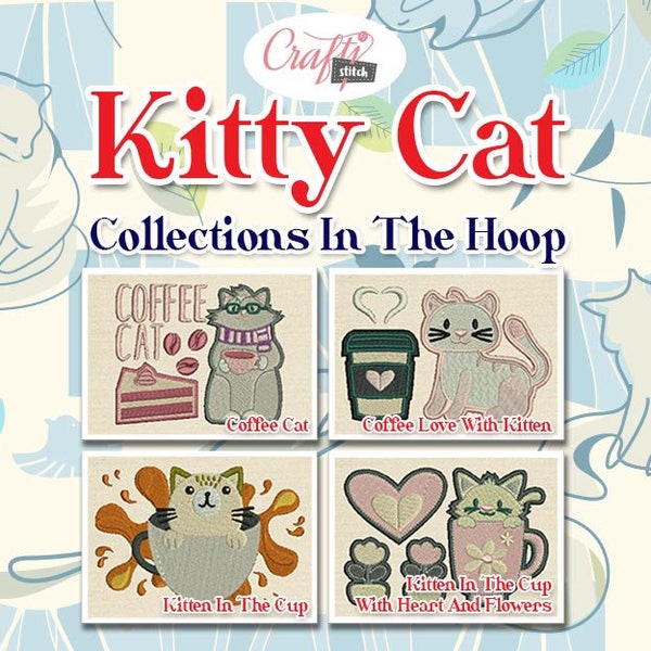 In The Hoop Machine Embroidery Design - Kitty Cat 4  Pack ITH Mug Rug