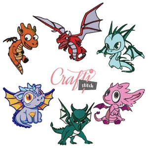May include: Set of six embroidered dragon designs in various colors, including red, green, blue, pink, and orange. The dragons are in different poses, some flying, some sitting, and some standing. The designs are perfect for embroidery projects.