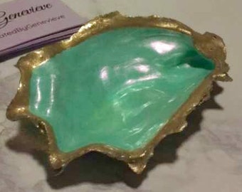 Seafoam Green and Gold Oyster Shell Ring Dish