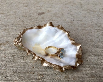 White and Gold Oyster Shell Ring Dish, Ring Holder, Ring Bowl