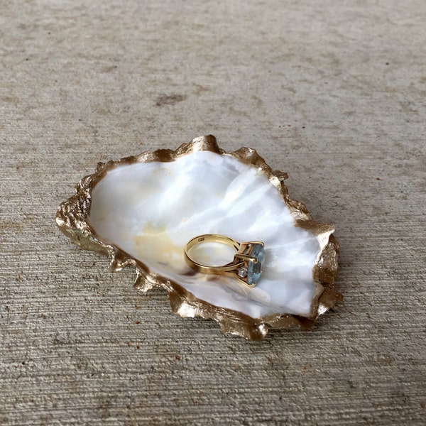 White and Gold Oyster Shell Ring Dish: Gulf Coast Jewelry Holder