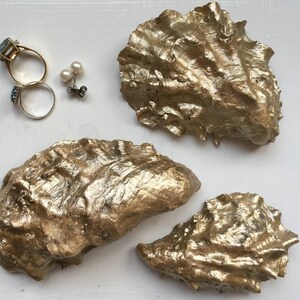 K&ouml;nnte beinhalten: Drei goldbemalte Austernmuscheln auf wei&szlig;em Hintergrund. Die Muscheln sind in verschiedenen Gr&ouml;&szlig;en und Formen, mit einer rauen, strukturierten Oberfl&auml;che.