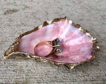 Pink and Gold Oyster Shell Ring Dish, Ring Holder, Ring Bowl