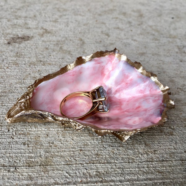 Pink and Gold Oyster Shell Ring Dish, Ring Holder, Ring Bowl