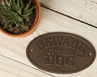 Beware of Dog Sign , Cast Iron Beware Of The Dog Yard Sign-Rustic Fence Signs-Dog Wal Decor , Dog Gift, Dog Warning sign, 6.5" Wide x 4"tall