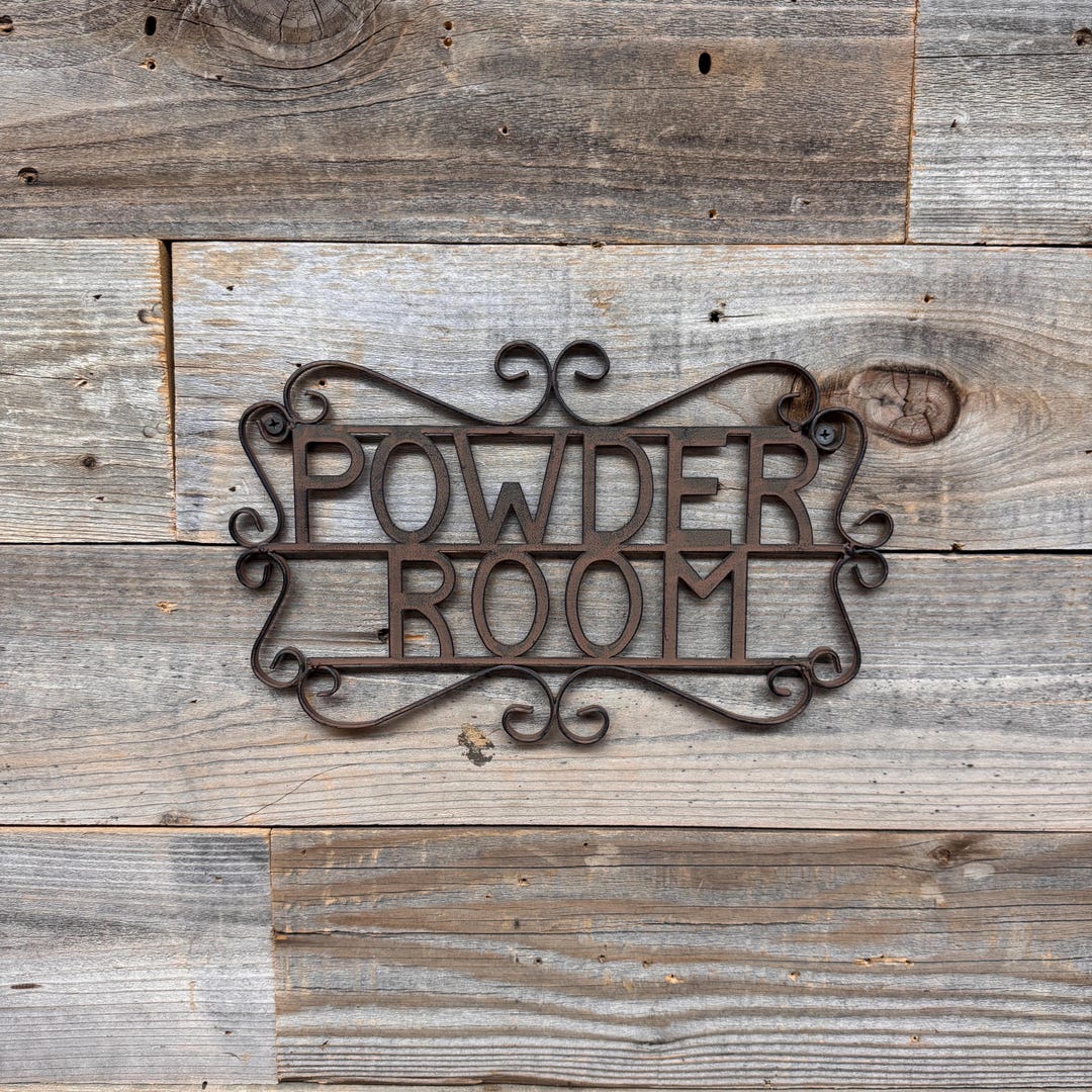Rustic Metal Powder Room Sign With Scroll Design, 12” Metal Bathroom ...