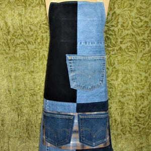 Repurposed Denim Jeans Adult Bib Apron with Adjustable Neck Strap and Back Ties