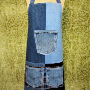 Repurposed Denim Jeans Adult Bib Apron with Adjustable Neck Strap and Back Ties
