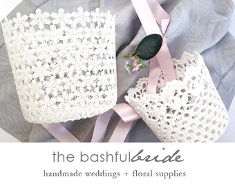 Lace flower girl baskets, 2 sizes available, lace basket, white lace basket, white flower girl basket, flower girl rustic, crochet basket
