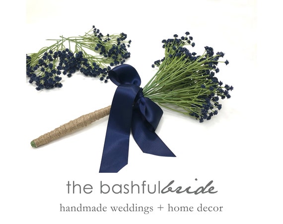 Navy Blue Wedding Bouquet, Navy Blue Baby's Breath Boutonnieres