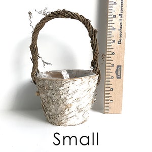 May include: A small white birch bark planter with a brown twig handle. The planter is about 4 inches tall and 3 inches wide. The word "Small" is printed below the planter.