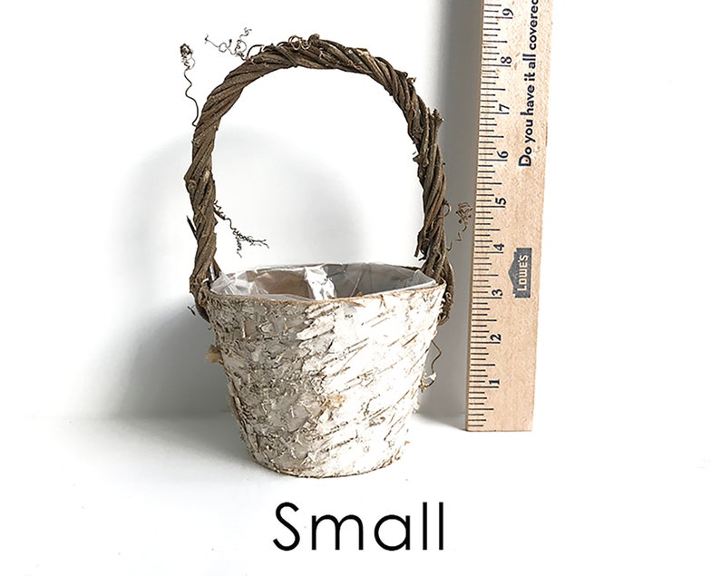 May include: A small white birch bark planter with a brown twig handle. The planter is about 4 inches tall and 3 inches wide. The word "Small" is printed below the planter.