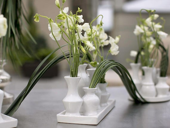White Ceramic Bud Vase Set: Floral Centerpiece Collection