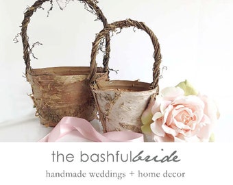 Flower girl basket, rustic, birch flower girl basket, boho wedding decor, 15 ribbon colors to choose from
