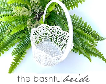 White lace flower girl basket, lace basket with handle, white lace basket,  white flower girl basket, crochet basket, easter decor