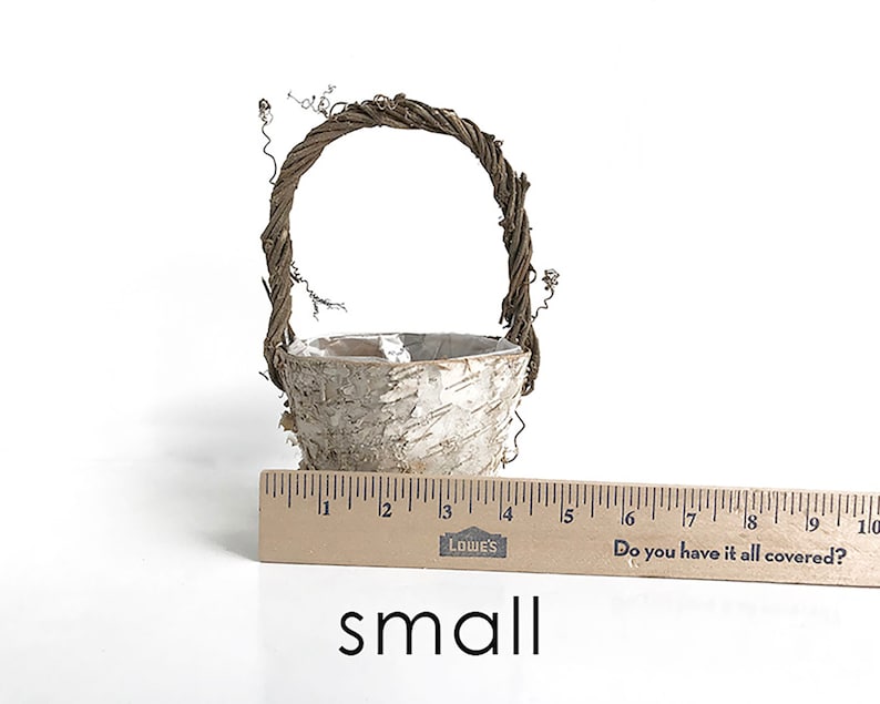 May include: A small, white birch bark basket with a brown twig handle. The basket is about 4 inches tall and 3 inches wide. A ruler is in the image for scale.