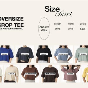 Może przedstawiać: Tabela rozmiar&oacute;w dla oversize'owej koszulki crop od Los Angeles Apparel. Tabela pokazuje wymiary długości, szerokości i rękawa w calach. Koszulka jest dostępna w jednym rozmiarze i występuje w r&oacute;żnych kolorach, w tym: kr&oacute;lewski niebieski, delfin, czarny, jasnoniebieski, zielony, kremowy, beżowy, jasnobrązowy, ciemnobrązowy, liliowy i ż&oacute;łty.