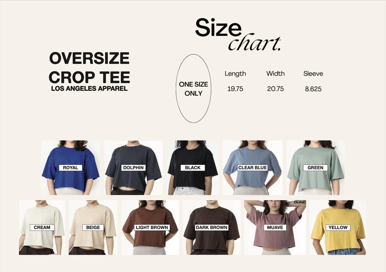 Może przedstawiać: Tabela rozmiar&oacute;w dla oversize'owej koszulki crop od Los Angeles Apparel. Tabela pokazuje wymiary długości, szerokości i rękawa w calach. Koszulka jest dostępna w jednym rozmiarze i występuje w r&oacute;żnych kolorach, w tym: kr&oacute;lewski niebieski, delfin, czarny, jasnoniebieski, zielony, kremowy, beżowy, jasnobrązowy, ciemnobrązowy, liliowy i ż&oacute;łty.