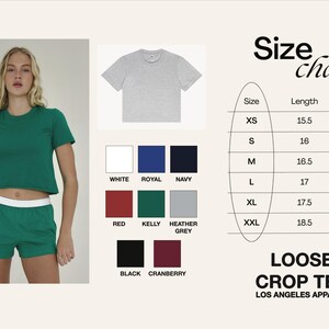 Może przedstawiać: Tabela rozmiar&oacute;w dla luźnego crop topu od Los Angeles Apparel. Tabela pokazuje rozmiar, długość i szerokość w calach. Koszulka dostępna jest w r&oacute;żnych kolorach, w tym białym, kr&oacute;lewskim niebieskim, granatowym, czerwonym, zielonym kelly, szarym melanżowym, czarnym i żurawinowym.