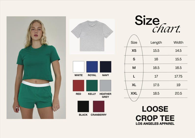 Może przedstawiać: Tabela rozmiar&oacute;w dla luźnego crop topu od Los Angeles Apparel. Tabela pokazuje rozmiar, długość i szerokość w calach. Koszulka dostępna jest w r&oacute;żnych kolorach, w tym białym, kr&oacute;lewskim niebieskim, granatowym, czerwonym, zielonym kelly, szarym melanżowym, czarnym i żurawinowym.