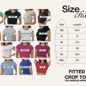Może przedstawiać: Tabela rozmiar&oacute;w dopasowanych crop top&oacute;w od Los Angeles Apparel. Tabela pokazuje rozmiary od XS do XXL z odpowiadającymi im wymiarami długości i szerokości w centymetrach.