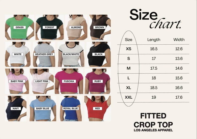 Może przedstawiać: Tabela rozmiar&oacute;w dopasowanych crop top&oacute;w od Los Angeles Apparel. Tabela pokazuje rozmiary od XS do XXL z odpowiadającymi im wymiarami długości i szerokości w centymetrach.