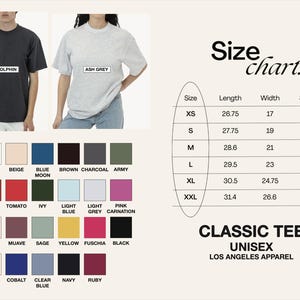 Może przedstawiać: Tabela rozmiar&oacute;w dla klasycznego T-shirtu unisex. Tabela pokazuje długość, szerokość i długość rękawa w calach dla rozmiar&oacute;w od XS do XXL. Tabela zawiera r&oacute;wnież paletę kolor&oacute;w z 24 r&oacute;żnymi opcjami kolorystycznymi.