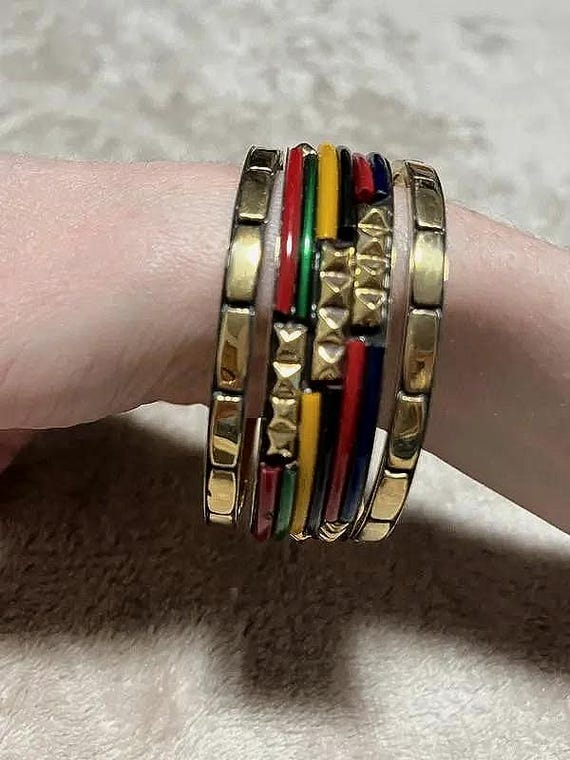 Vintage Brass Bangle Set, Multicolored Retro Stac… - image 1
