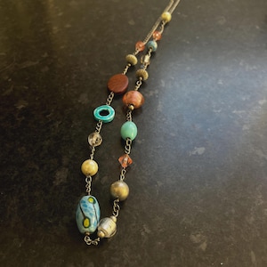 90s vintage chunky large boho beaded necklace, statement beaded silver chain, artisan large multicolor beads necklace, Boho necklace