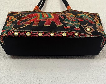 刺繍入り象のトートバッグ、ラジャスタンのインド製ハンドメイドバッグ