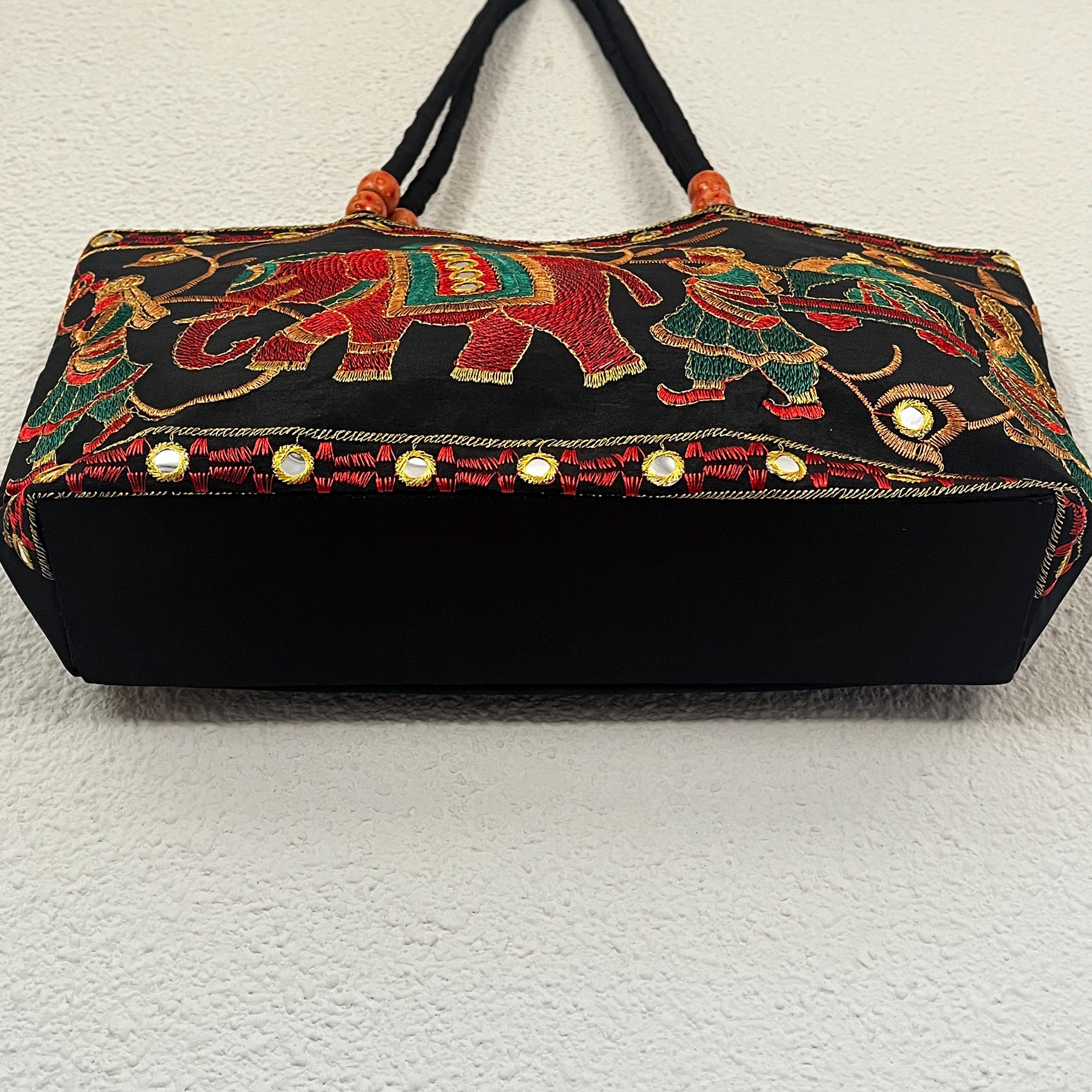 刺繍入り象のトートバッグ、ラジャスタンのインド製ハンドメイドバッグ