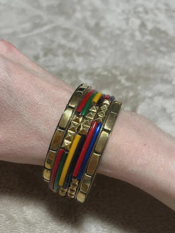 Vintage Brass Bangle Set, Multicolored Retro Stac… - image 2