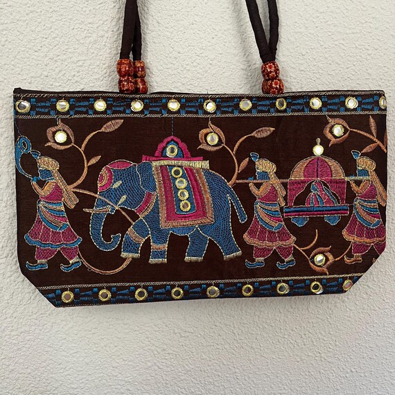 刺繍入り象のトートバッグ、ラジャスタンのインド製ハンドメイドバッグ