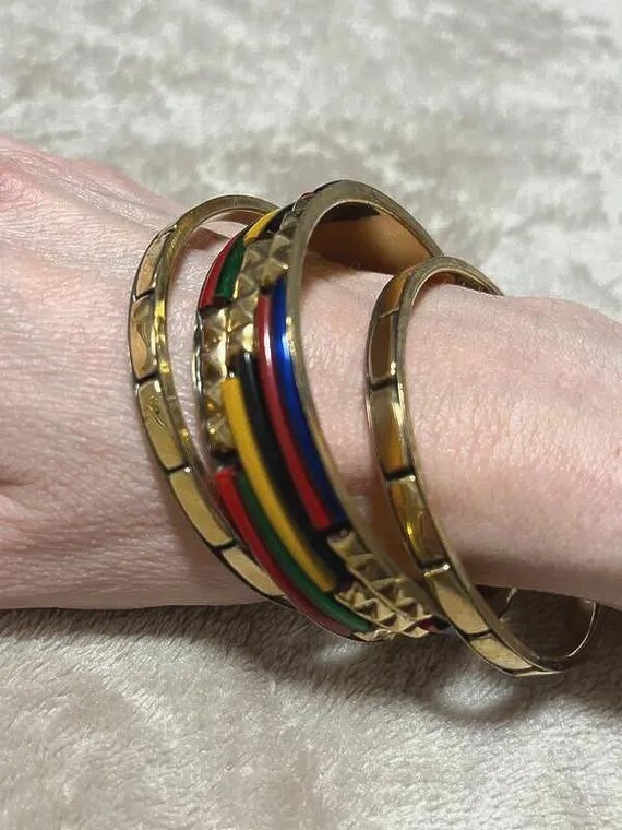 Vintage Brass Bangle Set, Multicolored Retro Stac… - image 5