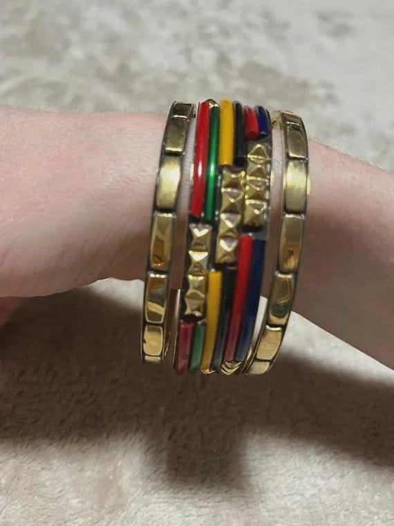 Vintage Brass Bangle Set, Multicolored Retro Stac… - image 6