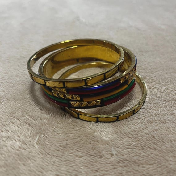 Vintage Brass Bangle Set, Multicolored Retro Stac… - image 7