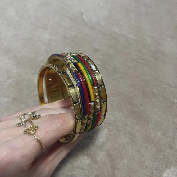 Vintage Brass Bangle Set, Multicolored Retro Stac… - image 9