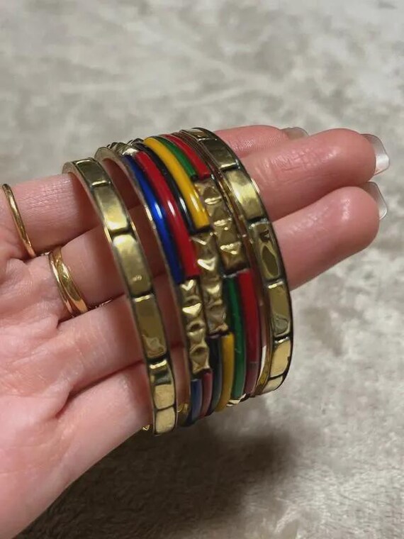 Vintage Brass Bangle Set, Multicolored Retro Stac… - image 3