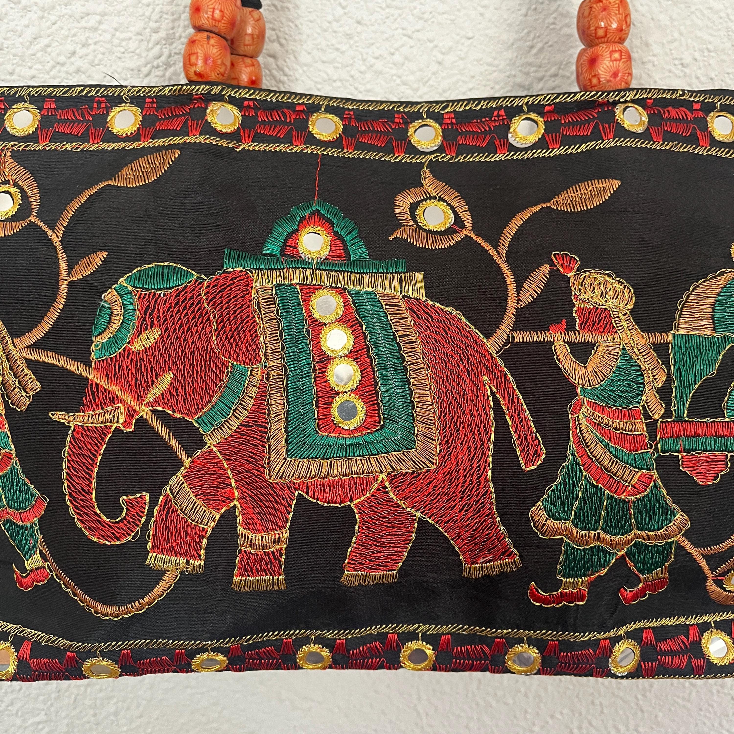 手作り刺繍バッグ インド・ラジャスタン伝統デザイン 刺繍入り象のトートバッグ、ラジャスタンのインド製ハンドメイドバッグ